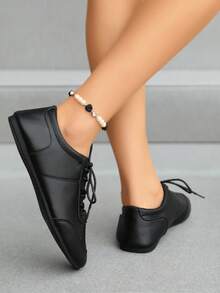 Vintage Patchwork Lace-Up Casual German Trainer Slip-On Shoes, Soft Sole Lightweight Women's Shoes For Daily Commute And Leisure, All-Season Soft Sole Fashion Versatile Flat Shoes, Wide Toe Box Women's Shoes - Black - View 8