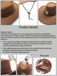1pc Unisex Western Cowboy Hat, Metal Decor Band With Adjustable Windproof Rope Wide Brim, Costume Hat, Photo Prop, Suitable For Theme Parties And Daily Wear. Head Circumference Size M, Length 39CM, Width 35CM - Top Hat - View 4