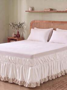 1pc Solid White With Grey-Brown Ruffle Hem Bed Skirt, Simple Daily Cute Classic Style, Comfortable Breathable Polyester Fiber, Suitable For All Seasons, Applicable For Bedroom Scenes, Home Decor Lace Bed Skirt - White - View 9