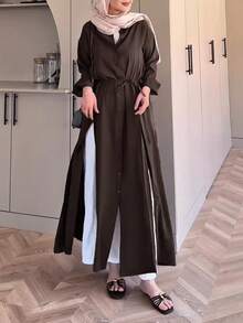 Women's Casual Minimalist Long Sleeve Collared Tie Waist High Slit Long Shirt Blouse, Solid Color Front Button Tie High Slit To Thigh, Suitable For Commute, Daily Wear And Dating - Brown - View 6