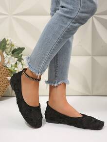 Minimalist Women's Hollow Lace Ballet Flats, Square Toe Breathable Daily Commute Flat Shoes - Black - View 4