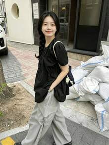2025 Summer Women Korean Style Drawstring Round Neck Top Black - Black - View 5