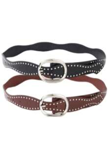 Hershine 2pcs Heavy Rivet Decorated Vintage Street Style PU Leather Belts, Elegant Oval Metal Buckle, Shiny Silver Oval Pin Buckle Sturdy And Durable, Dense Rivet Embellishment Highly Recognizable, Street Atmosphere Fully Loaded, Full Circle Rivet Design Eye-Catching And Bright, Easily Create Cool And Chic Outfit, Essential Accessory Belt For Women In Spring And Autumn - Brown + Black - View 2