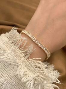 JOJELOO 1pc Women's Spring/Summer Minimalist Fashion Tennis Bracelet, Pull-Out Design, Sparkling Inlaid Cubic Zirconia, Elegant Jewelry Accessory, Suitable For Daily Wear, Valentine's Day, Wedding, Christmas, Perfect Gift For Women - Style 1 - View 2