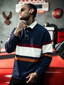 Vintage Colorblock Multi-Stripe Rugby Polo Men's Navy Burgundy Beige Caramel Drop Shoulder Long Sleeve Collared Pullover Top - Navy Blue - View 2