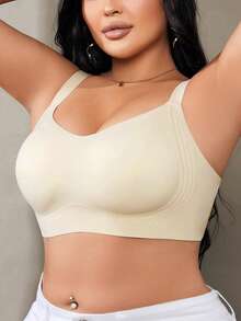 1pc Women's Plus Size Push-Up Seamless Bra, Wire-Free Strong Support Backless Design, Knitted High Elasticity Bonded Fabric, Molded Cup Comfortable Side-Boob Coverage, Suitable For Daily Wear, Home And Office - Apricot - View 4