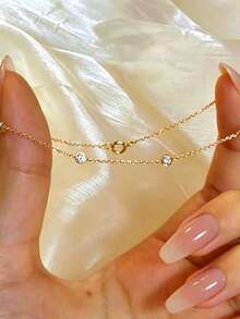 1pc Classic Minimalist Elegant Zirconia Thin Bracelet, 304 Stainless Steel With Copper Bubble Rhinestone Decor Chain, Versatile Jewelry - Gold - View 2