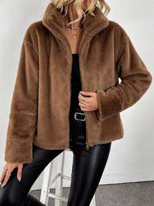 Jaket Wanita Bergaya dengan Resleting, Bahan Poliester Lengan Panjang Warna Cokelat dengan Kerah Cardigan, Potongan Reguler untuk Musim Gugur & Musim Dingin - Unta - View 6