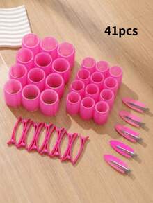 41pcs/Set Pink All-In-One Heatless Curling Rod Set, No Heat Required, No Curling Iron Needed, Quickly Create Bouncy Long-Lasting Curls. Set Includes Multiple Sizes Of Curling Rods, Can Create All Styles From Tight Curls To Voluminous Waves. - Pink - View 20