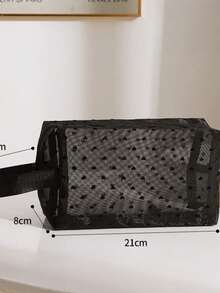 1pc Mesh Makeup Bag Double Layer Heart Pattern Large Capacity Storage Bag Fashion Toiletry Cosmetic Bag - Black - View 8