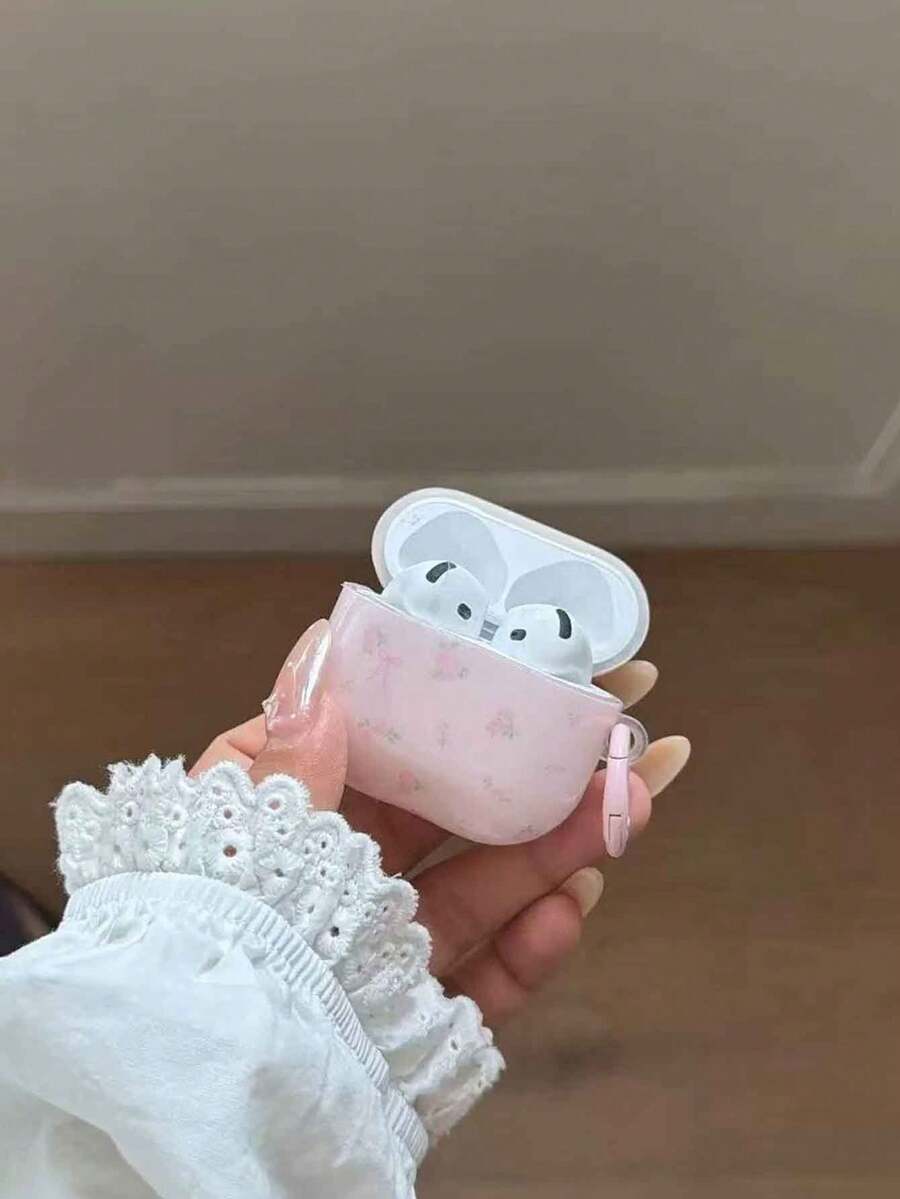 1pc Pink Early Spring Blue Floral + Round Ring Earphone Case Compatible With Apple For AirPodsPro3 Case/For AirPodsPro2 Case/For AirPods4 Case/For AirPods3 Case/For AirPods2 Case/Fashionable Women's Earphone Case/Minimalist Earphone Case - Pink - View 1