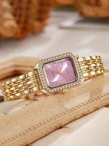 Women's Gold Square Quartz Watch With Rhinestone Bezel, Roman Numeral Dial, Metal Strap, Elegant Wristwatch, Birthday Christmas Gift - Gold - View 9