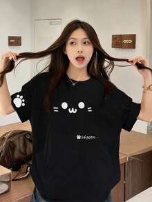 Women's Casual Loose Round Neck Cartoon Cat & Letter Print Short Sleeve T-Shirt, Summer Black - Black - View 2