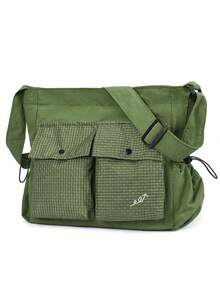 Men's Nylon Colorblock Plaid Student Commuter Bag, Cargo Style Style Tote Bag With Drawstring, Multiple Pockets, Casual Large Capacity Shoulder Crossbody Bag - Multicolor - View 14