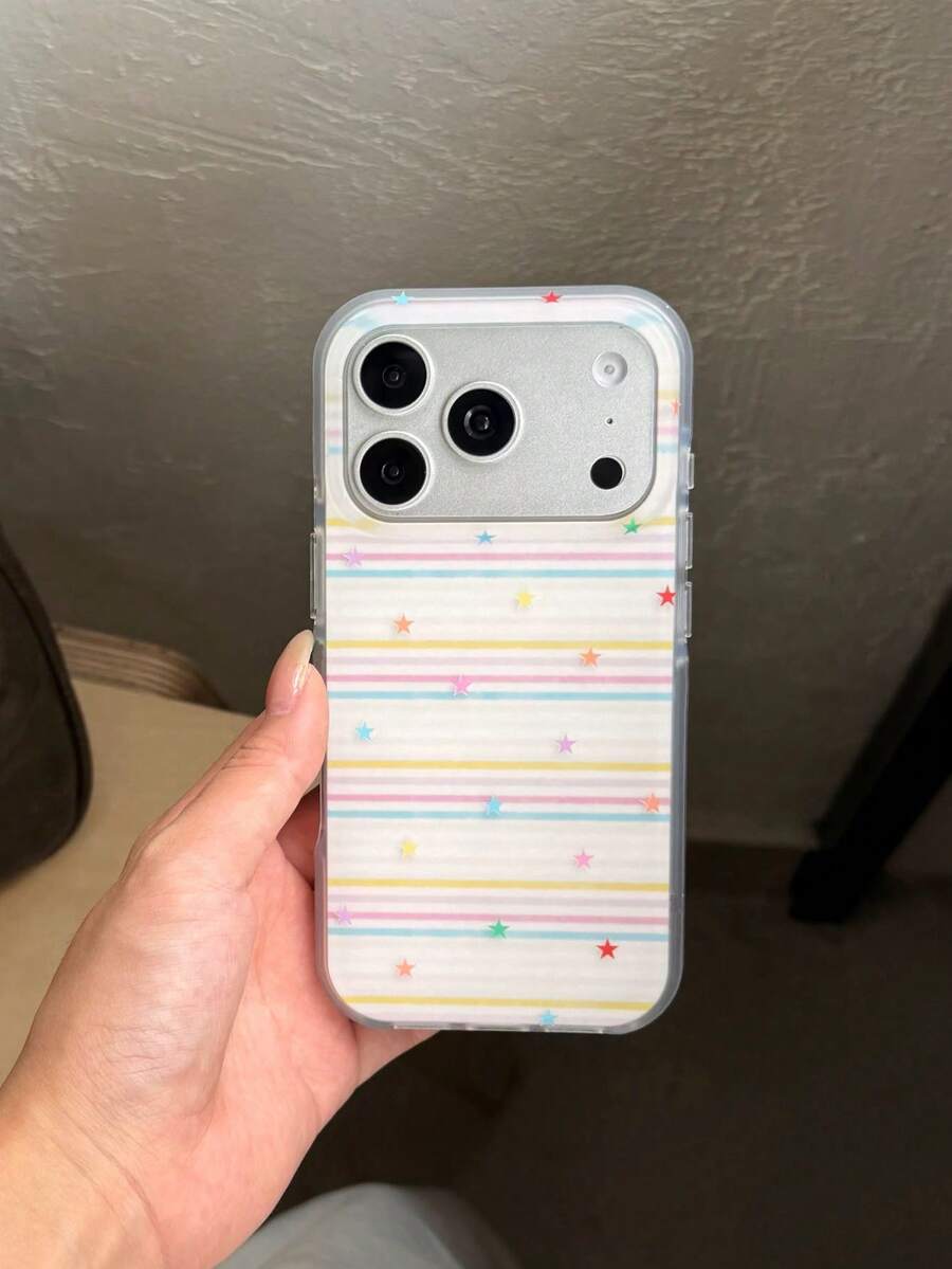 1pc,Cute Pastel Pink Background Colorful Mini Stars Clear TPU Phone Case Foriphone 18 Pro Max17,16 Pro,15 Pro,14 Pro,13,12,11, Raised Camera Lens Protection Shockproof Soft Protective Cover - Colorful Lines - View 1