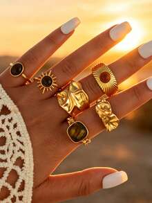 20/8/6pcs Vintage Luxury Casual Sunflower Tiger Eye Stone Flower Pearl Gold Rings Set, Suitable For Women's Daily Wear, Vacation, Party, Stacking - Gold - View 6