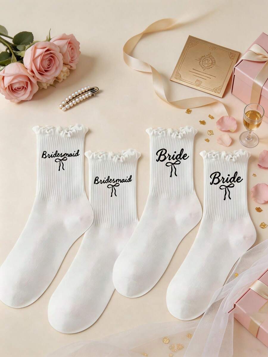 Bridal Bridesmaid Ruffle Socks, Bachelorette Party Favors, White Vertical Stripe Letter Print Mid-Calf Socks, Bridal Shower Wedding Gifts For Bridesmaid Squad, Suitable For Bachelorette Party, Women's Pre-Wedding Party, Bridal Shower, Bridesmaid Luncheon, Wedding Rehearsal Dinner, Wedding Day, Bridesmaid Squad Favors, Bridesmaid Invitation Gifts, Wedding Keepsake Accessories - View 1