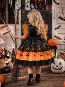 Baby Girls Flutter Sleeve Contrast Color Lace Mesh Pumpkin Pattern Cute Party Dress Suitable For Halloween, Headband Not Included - Multicolor - View 4