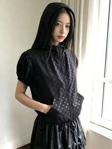 Korean Style Retro Polka Dot Stand Collar Zipper Short Sleeve Sun Protection Top Black Summer - Black - View 1