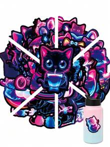 56Pcs PP Fluorescent Neon Cool Cute Cat Stickers, Cyberpunk Decor Elements Of Astronaut, Wizard And Party‑Themed Kittens, Suitable For Notebooks, Suitcases, Game Console Shells, Water Bottles, Storage Boxes, Desks - Multicolor - View 2