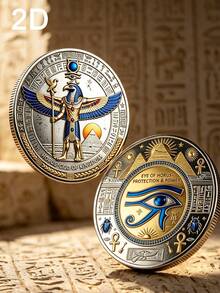 2D Egyptian Amulet Commemorative Coin, Eye Of Horus, Protection And Power, Commemorative Collectible‑Egyptian Mythology Coin, Pyramid, Ankh, Scarab, Challenge Coin. A Gift For Lovers Of Ancient Egyptian Culture, Comes With An Acrylic Protective Case - Silver - View 4