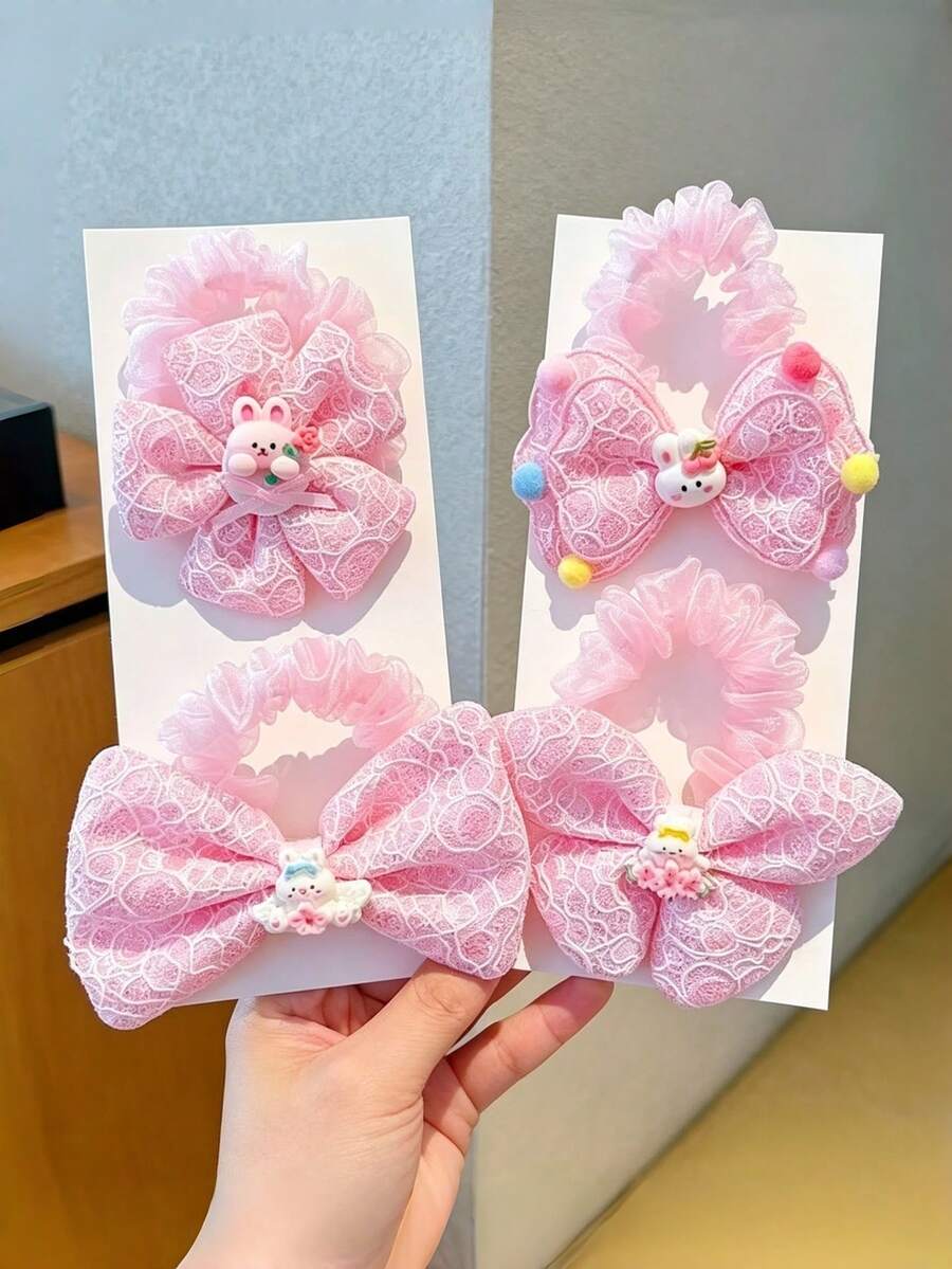 1件可愛卡通兔子蝴蝶結髮圈,粉色亮片蕾絲網紗髮帶,甜美裝飾女性髮飾 - 彩色 - 查看 1