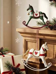 Vintage American Style Tin Rocking Horse Pendant, Red White Green Printed With Bell, Christmas Tree Holiday Decoration Hanging Ornament, Soft Home Decor - Multicolor - View 2