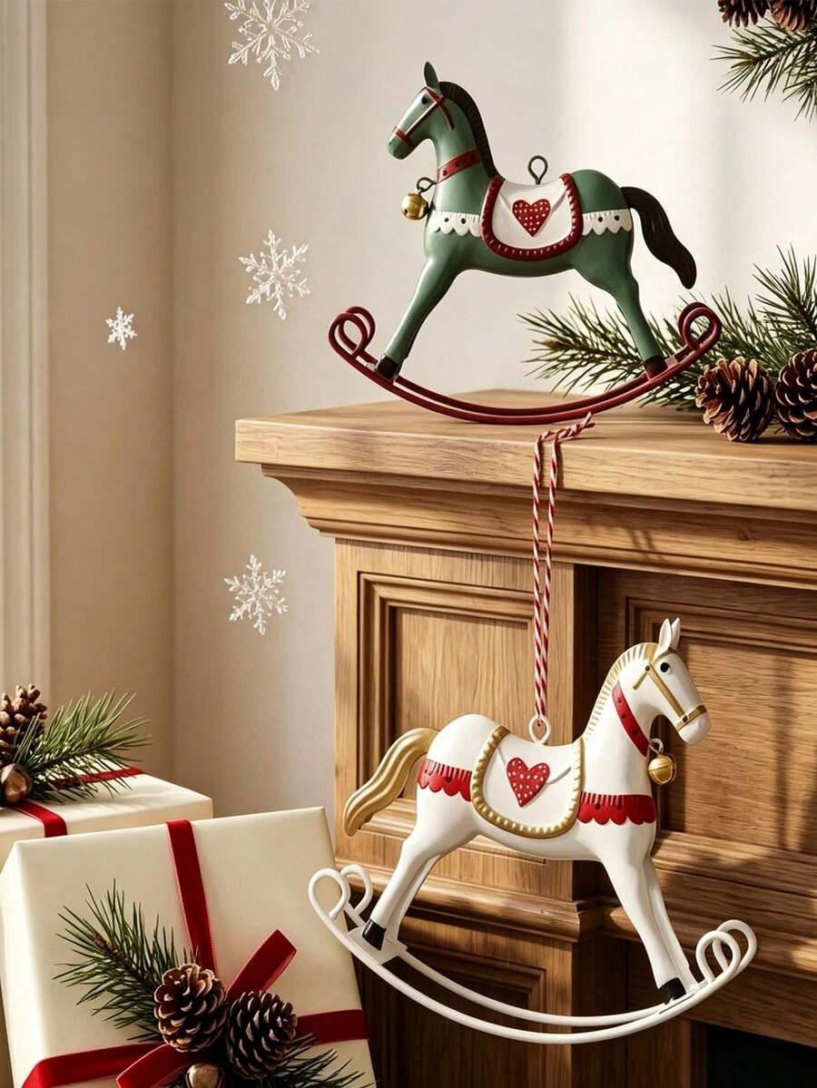 Vintage American Style Tin Rocking Horse Pendant, Red White Green Printed With Bell, Christmas Tree Holiday Decoration Hanging Ornament, Soft Home Decor