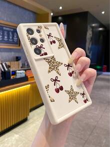 1pc Fashion Pure Android TPU Material Star Leopard Print Cherry Element Pattern Lens Protection Thick Anti-Drop Anti-Fingerprint Beige Diamond Sand Phone Case Compatible With Samsung/Transsion/HONOR/ - Beige - View 2