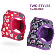 Step-In Anti-Collision Floral Adjustable Soft Mesh Reflective Pet Vest Harness & Leash Set, Purple Floral Pattern Dog Harness & Leash Set, Escape-Proof Puppy Harness Training Walking, Breathable Adjustable Puppy Vest, Suitable For Small And Medium Dogs And Cats - Multicolor - View 4