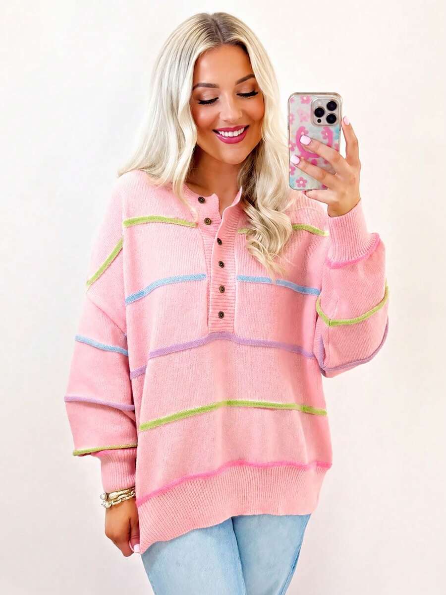 Acelitt Pink Rainbow Striped Off-Shoulder Loose Pullover Sweater - Pink - View 1