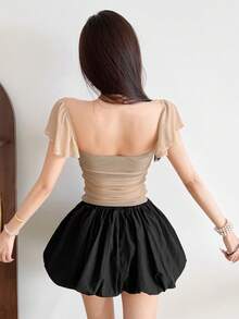 Women's Mesh Patchwork Slim Fit Versatile Daily Wear Top - Khaki - View 10