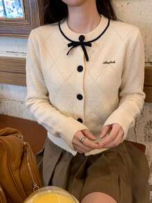 Autumn New Korean Style Sweet Bow Knitted Sweater Fall - Apricot - View 1