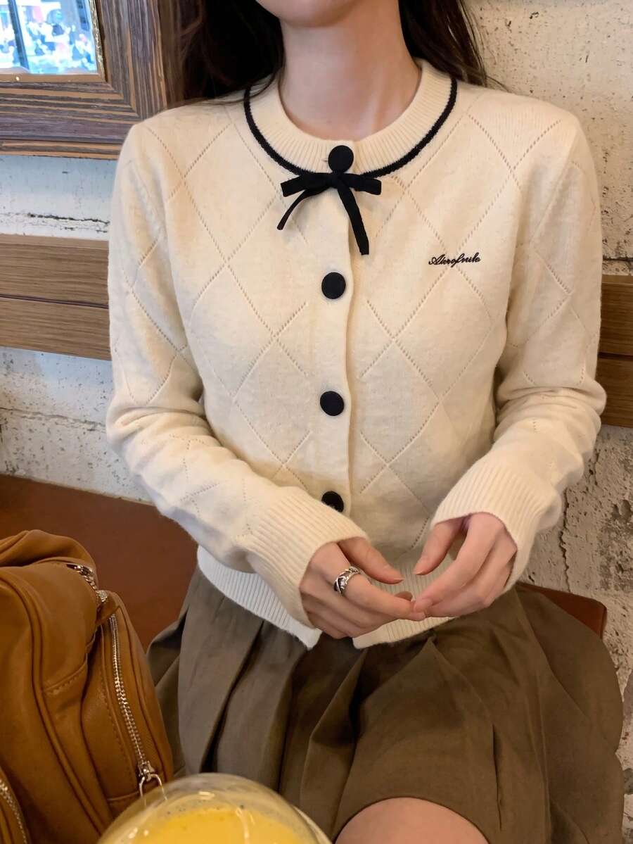 Autumn New Korean Style Sweet Bow Knitted Sweater Fall - Apricot - View 1