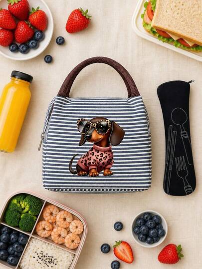 Fashionable Chic Fashion Glasses Dachshund Print Insulated Lunch Tote Bag, Lightweight Portable Thermal Handbag, Includes Detachable Matching Utensil Storage Bag, Leak-Proof Reusable Food Storage Bag, Multi-Functional Meal Prep Bento Organizer Bag, Suitable For Women, Girls, Office Workers, Students, Daily Office, School, Picnic, Beach, Travel, Camping, Outdoor Activities, Casual Handheld Bento Container, Fashionable Reusable Food Storage Handbag