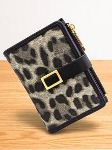 Classic Fashion Leopard Print Patchwork Short Wallet, Handheld PU Exquisite Snap Card Holder Document Organizer, Compact And Lightweight - Black - View 2