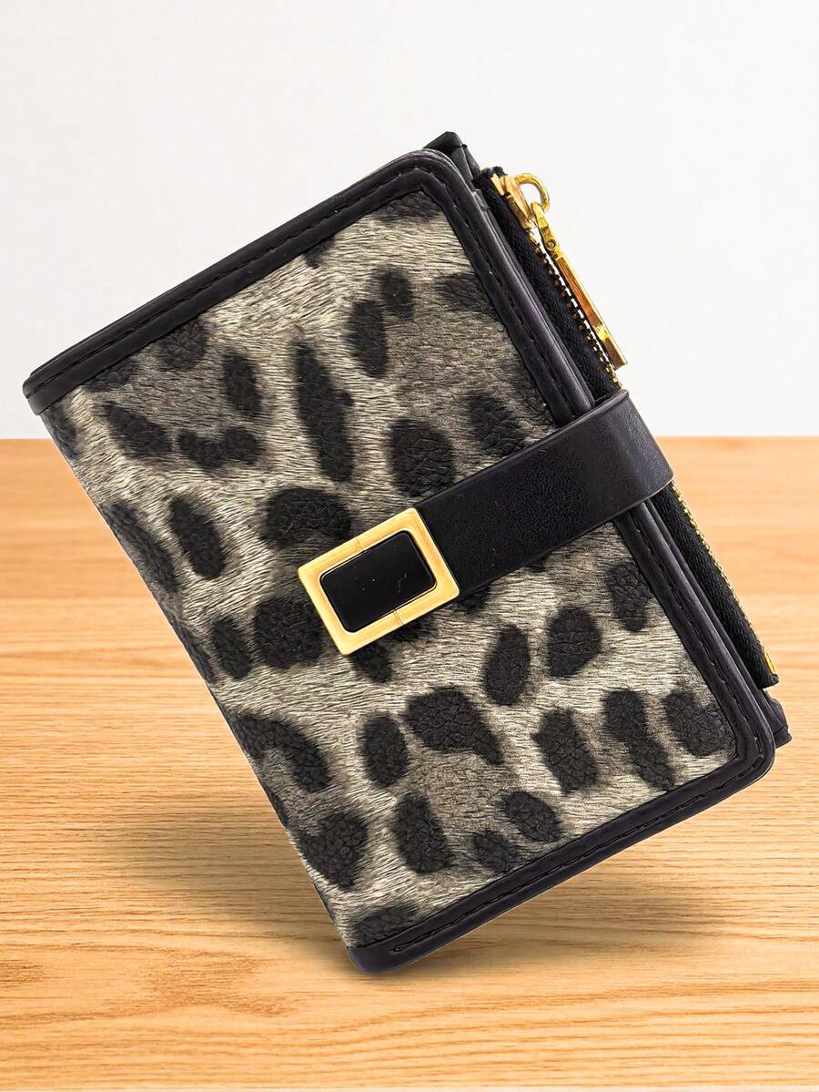 Classic Fashion Leopard Print Patchwork Short Wallet, Handheld PU Exquisite Snap Card Holder Document Organizer, Compact And Lightweight