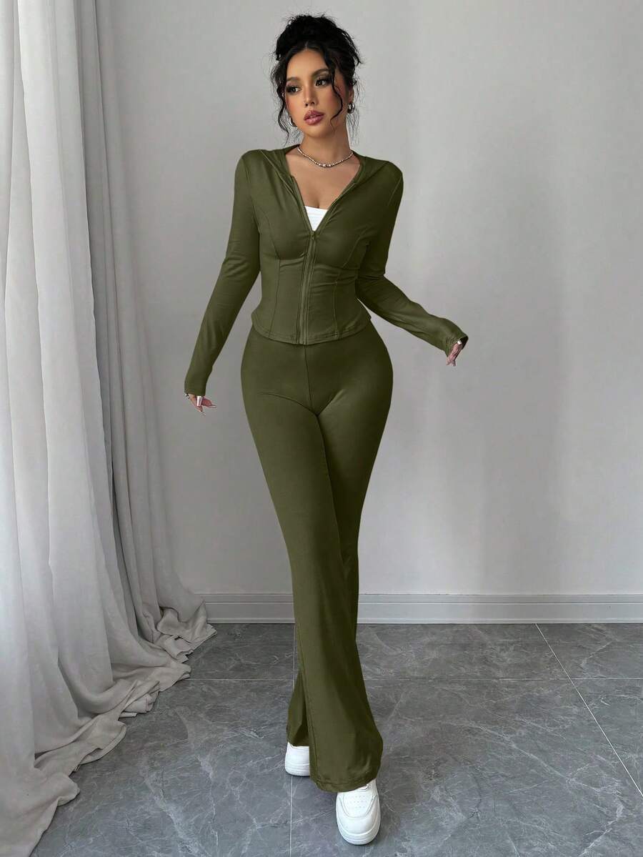 Solid Color Hooded Zip-Up Long Sleeve Sporty Top And Flare Pants 2 Pieces Set, Fashionable Minimalist Casual - Army Green - View 1
