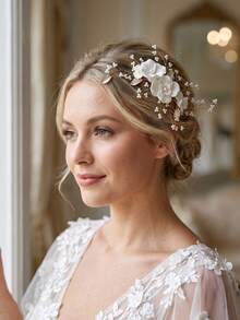 1pc Elegant White Flower Bridal Hair Comb Pearl Beaded Wedding Headpiece Hair Accessories For Bride - Multicolor - View 5