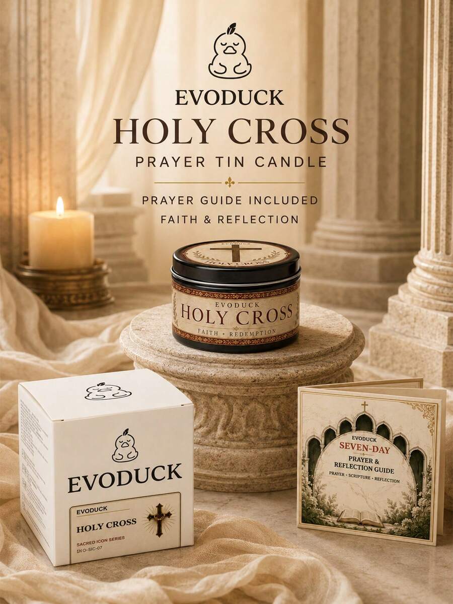 EVODUCK مجموعة هدايا شمعة دينية بصليب مقدس، شمعة صلاة مسيحية كاثوليكية في علبة معدنية مع دليل تأمل كتابي لمدة 7 أيام، ديكور صليب، مناسبة لركن الصلاة في المنزل، المعمودية، المناولة الأولى، التثبيت، هدية عيد الميلاد للأم والجدة والنساء وأصدقاء الكنيسة - شموع دينية - مشاهدة 1