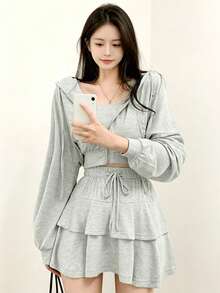 YCYC Korean Style Elegant Long Sleeve Jacket & High Waist Ruffle Mini Skirt Casual Sports Set - Grey - View 1