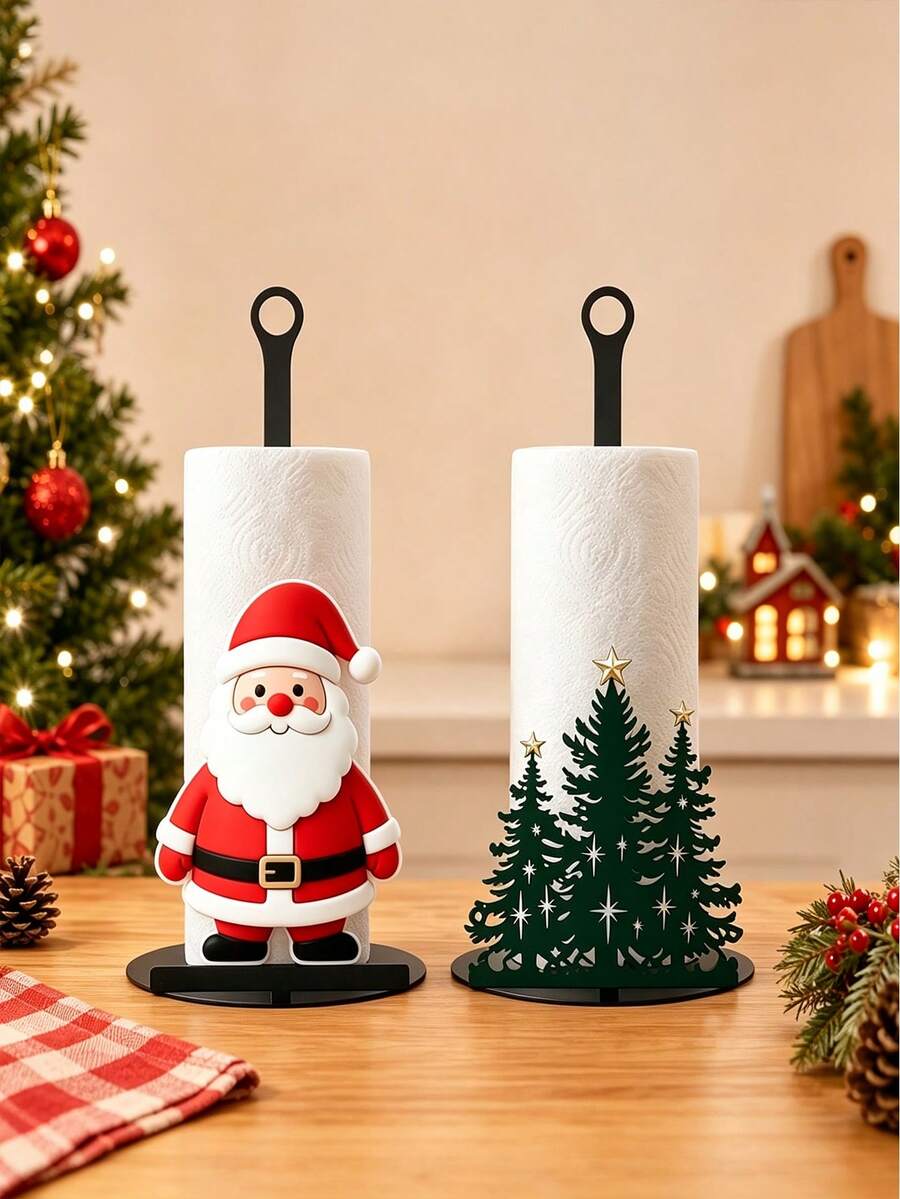 Christmas Theme Vertical Kitchen Paper Towel Holder, Santa Claus/Christmas Tree Design Holiday Home Decor Countertop Paper Towel Storage Rack - Multicolor - View 1
