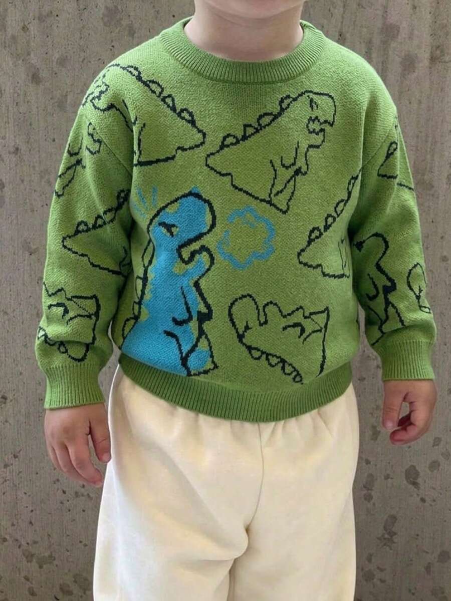 男童幼兒可愛恐龍針織套頭毛衣,適合日常穿著、度假、春季、秋季、冬季 - 綠色 - 查看 1