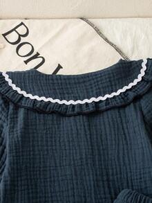 Conjunto de blusa de manga larga con cuello Peter Pan con volantes y falda azul de estilo preppy lindo para niña bebé en otoño/invierno para salidas y fiestas - Azul - Ver 10