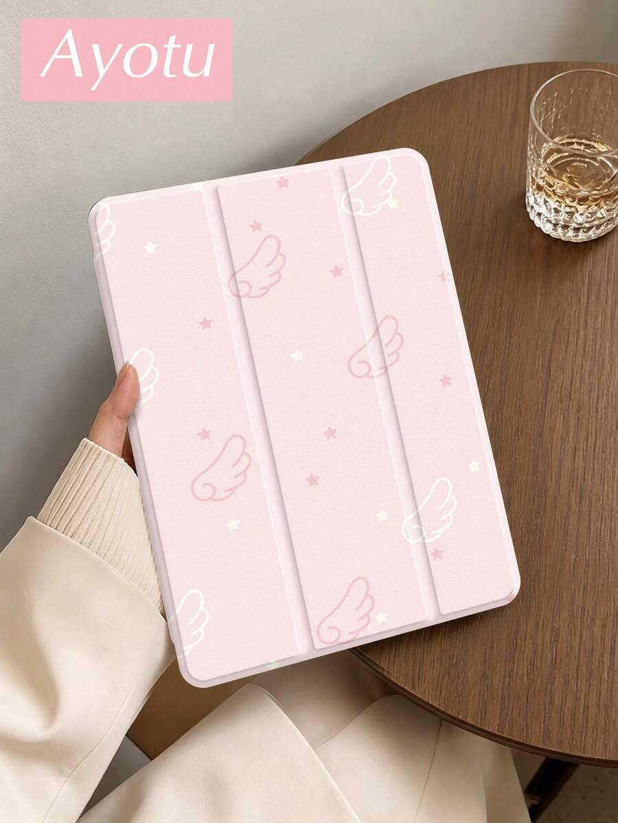 Ayotu 1pc Pink Angel Wings Star Protective Case, Compatible With IPad Air 8(M4)2026(11/13-Inch)/Pad 11(A16)2025(11-Inch)/ Pro M5 2025(11/13-Inch), Transparent Back Shockproof Tablet Cover, Tri-Fold Stand, Pencil Slot, Auto Wake/Sleep