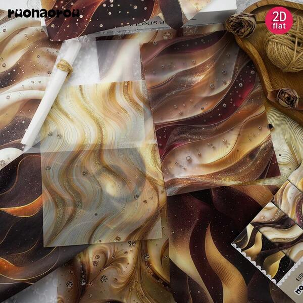 Ruonaorou 12pcs/Set Vintage Luxury Glitter Wave Ribbon Translucent Vellum Paper Junk Journal Translucent Premium Satin Ribbon Swirl Material Vellum Paper Planner Decoration DIY Junk Journal Diary Material Paper Envelope Greeting Card Vellum Paper Decoration (2D Flat A5)