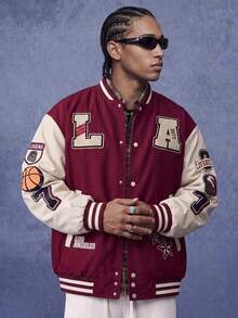 Men's Colorblock Patchwork Letter Embroidery Baseball Jacket, Autumn, Casual, Graduation, Back To School, Letter Varsity Jacket - Hot Pink - View 9