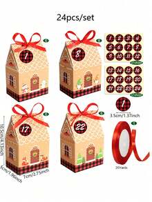 24pcs Christmas Gingerbread House Gift Boxes With Countdown Calendar Stickers, Cartoon Santa Claus, Snowman And Christmas Tree Festive Designs, Kraft Holiday Present Paper Packaging Boxes For Xmas Party Favors Decor, Christmas Decor - Multicolor - View 7