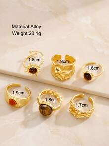 6pcs Vintage Tiger Eye Stone Ring Set, Bohemian Style Wide Open Band Rings, Maillard Layered Alloy Rings For Women - Yellow Gold - View 3