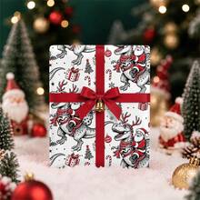 1Set Vintage Dinosaur Christmas Wrapping Paper , Holiday Gift Wrap Paper With Santa Riding Dinosaurs, Reindeer, Christmas Trees, Candy Canes, And Retro Sketch Design For Xmas Gifts, Party Decorations, And Birthday Presents,Includes Christmas Stickers - E - View 5